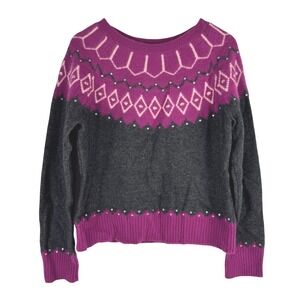 VTG! Context Wool Angora Blend Fair Isle Sequin Sweater Magenta Charcoal Gray XL
